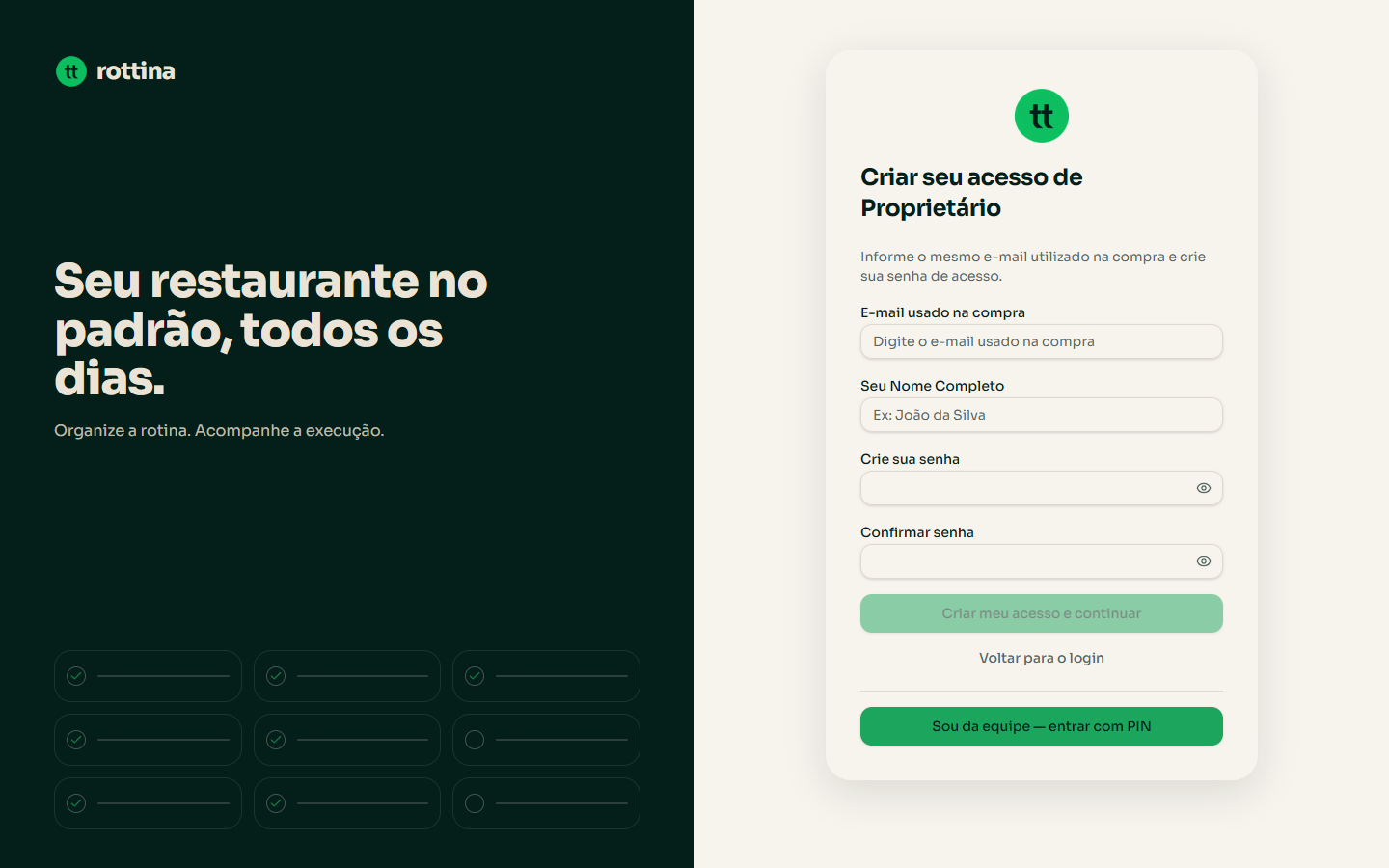 Tela Criar seu acesso de Proprietário, com e-mail usado na compra, nome completo e senha