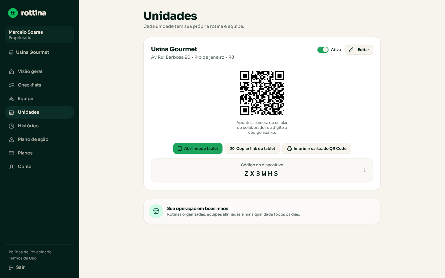 Tela Unidades com QR Code, código do dispositivo e os botões Abrir modo tablet, Copiar link do tablet e Imprimir cartaz do QR Code