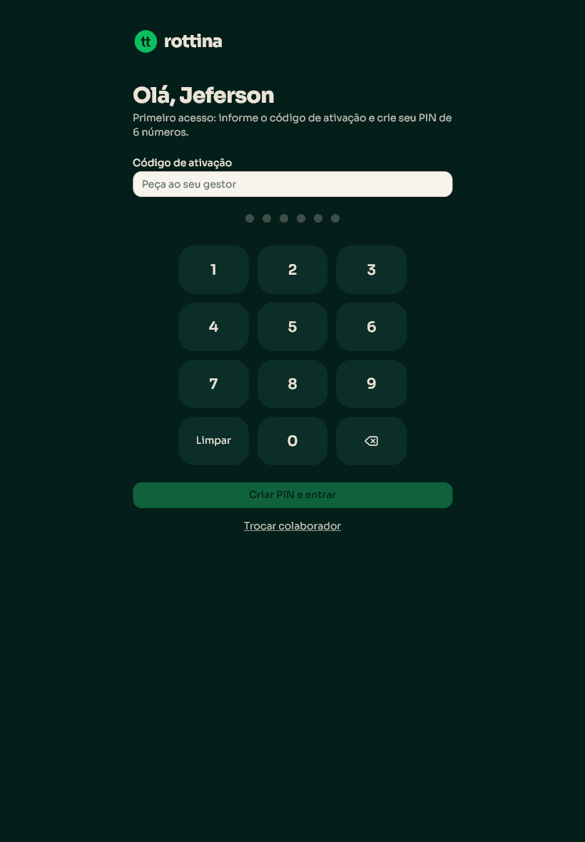 Primeiro acesso do colaborador: código de ativação e teclado para criar o PIN de 6 números