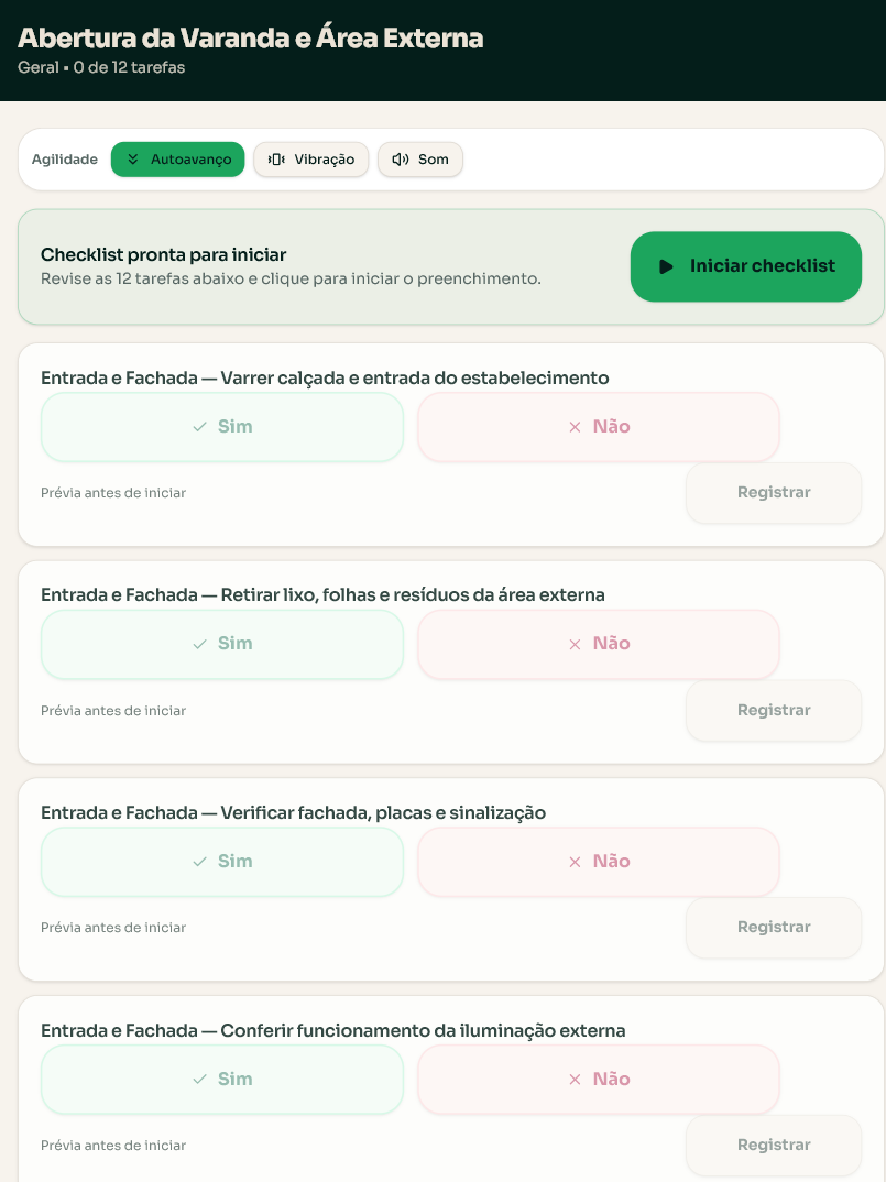 Checklist Abertura da Varanda e Área Externa pronta para iniciar, com o botão Iniciar checklist