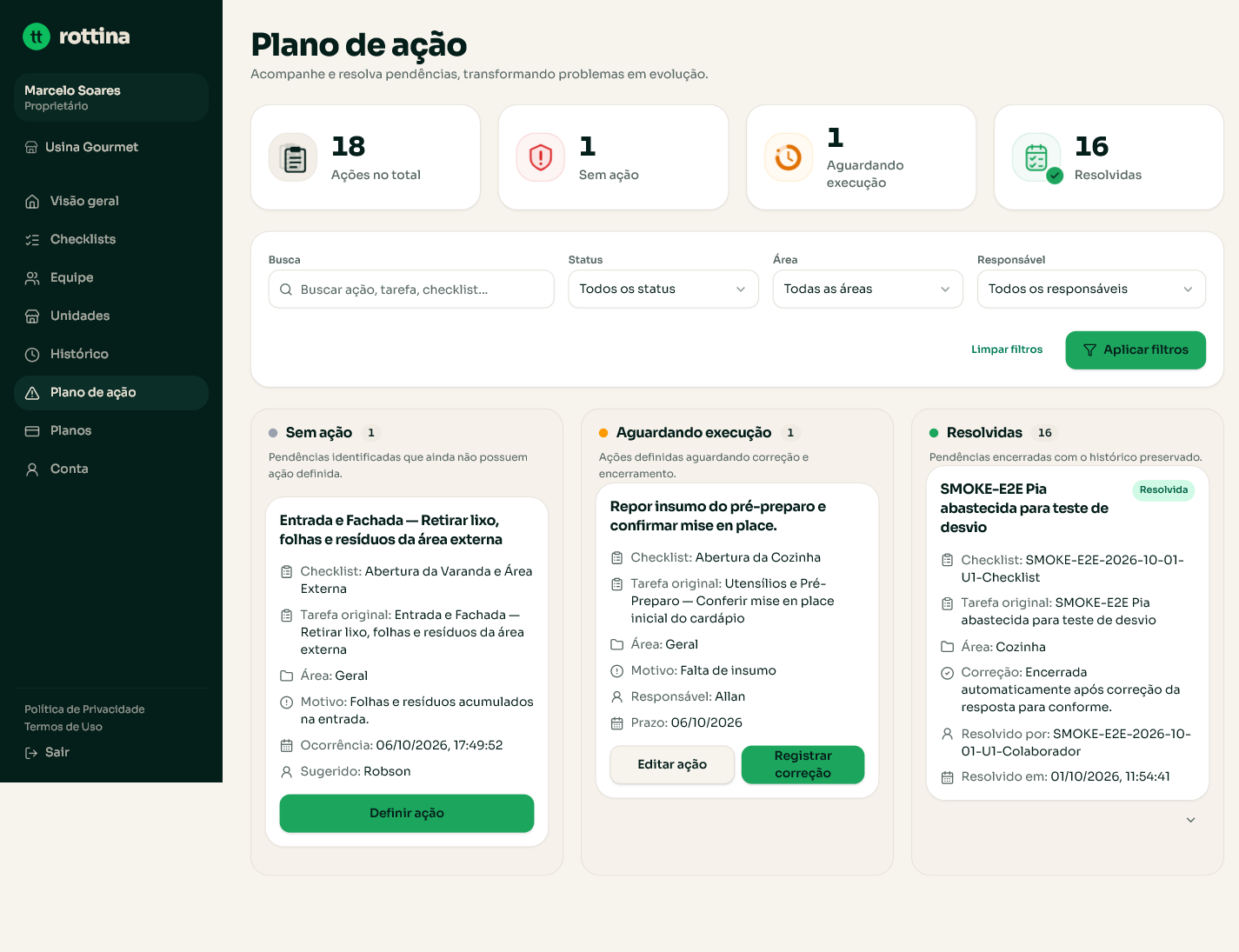 Plano de ação com a pendência na coluna Sem ação, com tarefa, motivo, responsável sugerido e o botão Definir ação