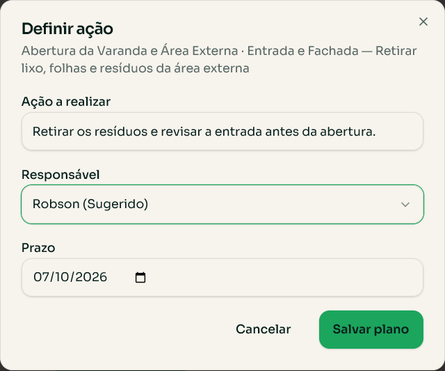 Janela Definir ação com a ação a realizar, o responsável Robson e o prazo