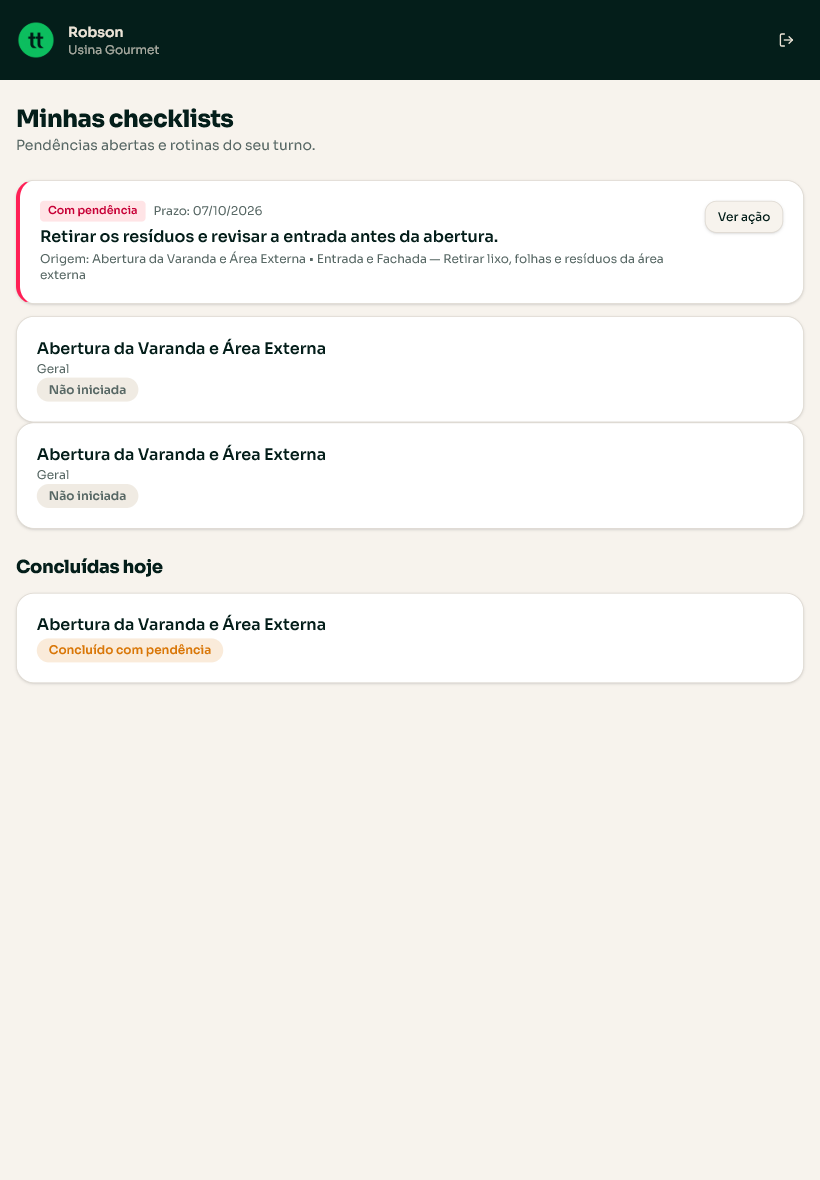 Minhas checklists do colaborador Robson com a ação corretiva no topo, marcada Com pendência e com prazo